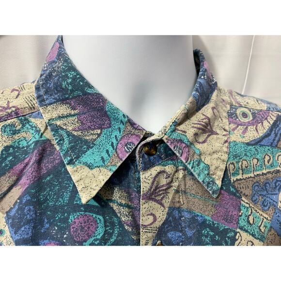 Permit Brand Shirt Mens L Blue Button Up Geometric Surf Cotton Relax 90s VTG - Picture 13 of 14